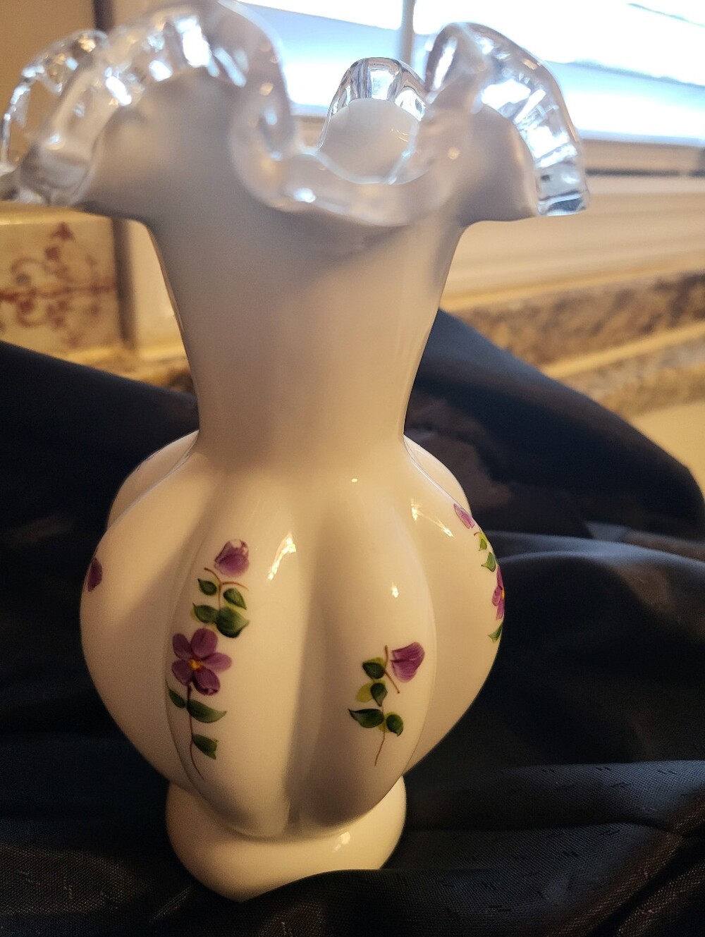 Fenton 6 In. White Glass Violets In The Snow Ruffled Vase - Picture 10 of 15